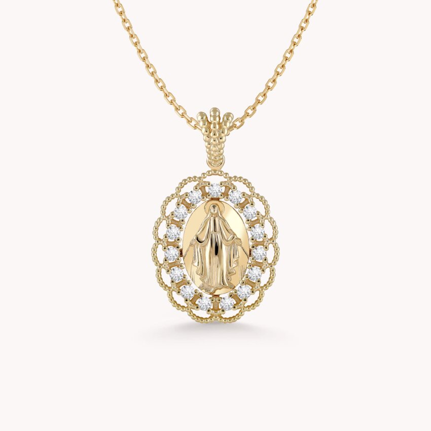 Zlatni privjesak Djevica Marija sa detaljima