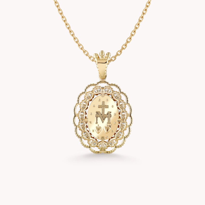 Zlatni privjesak Djevica Marija sa detaljima