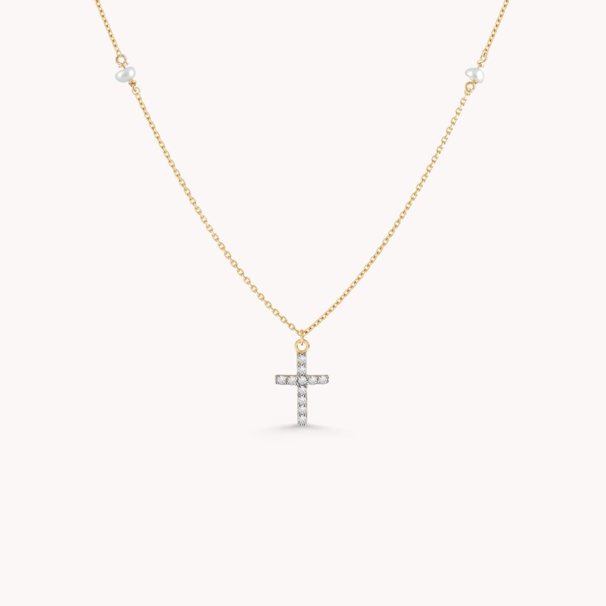 Zlatna ogrlica Križ s detaljima bisera
